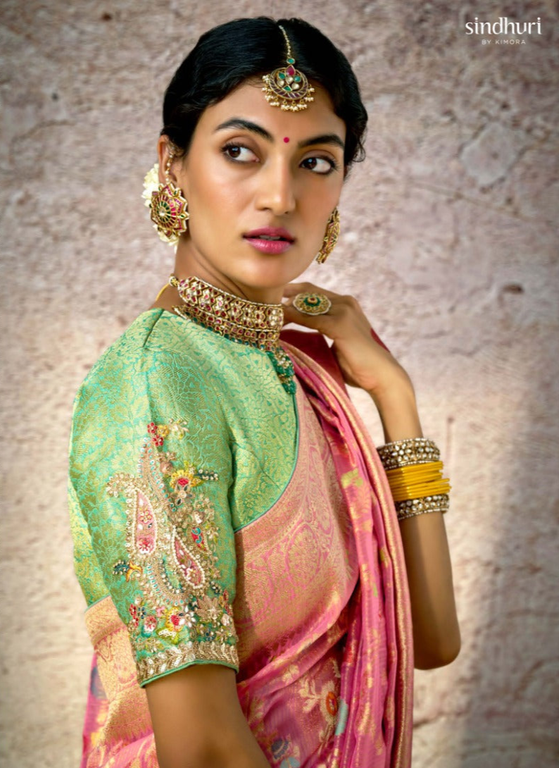 Pastel Pink Kora Banarasi Saree With Delicate Floral Patterns