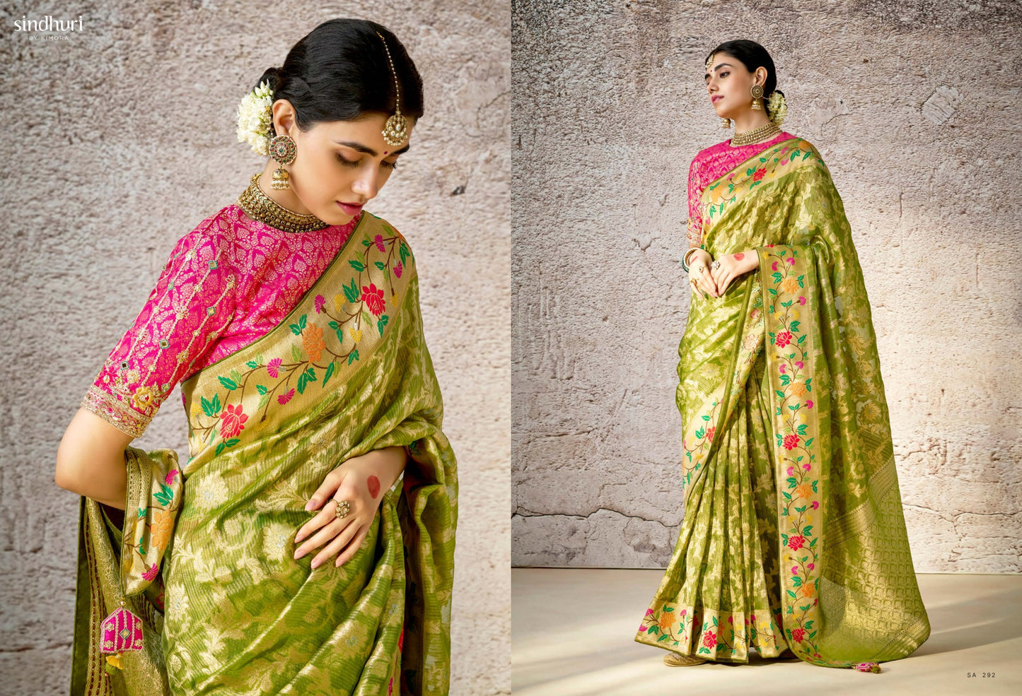 Green Kora Banarasi Saree With Delicate Floral Patterns