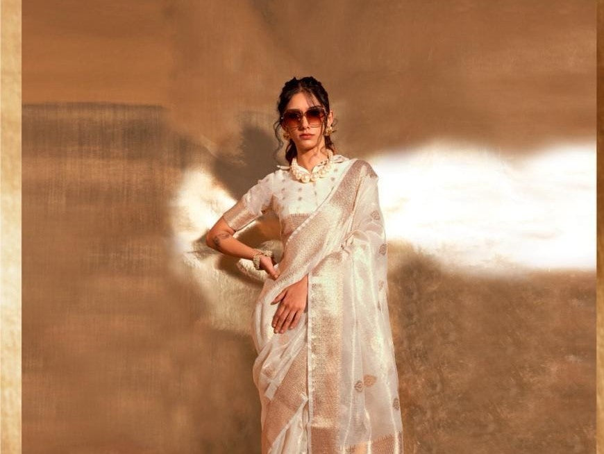 White Kora Tissue Paithani Zari Handwoven Saree