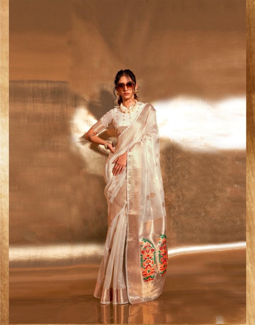 White Kora Tissue Paithani Zari Handwoven Saree
