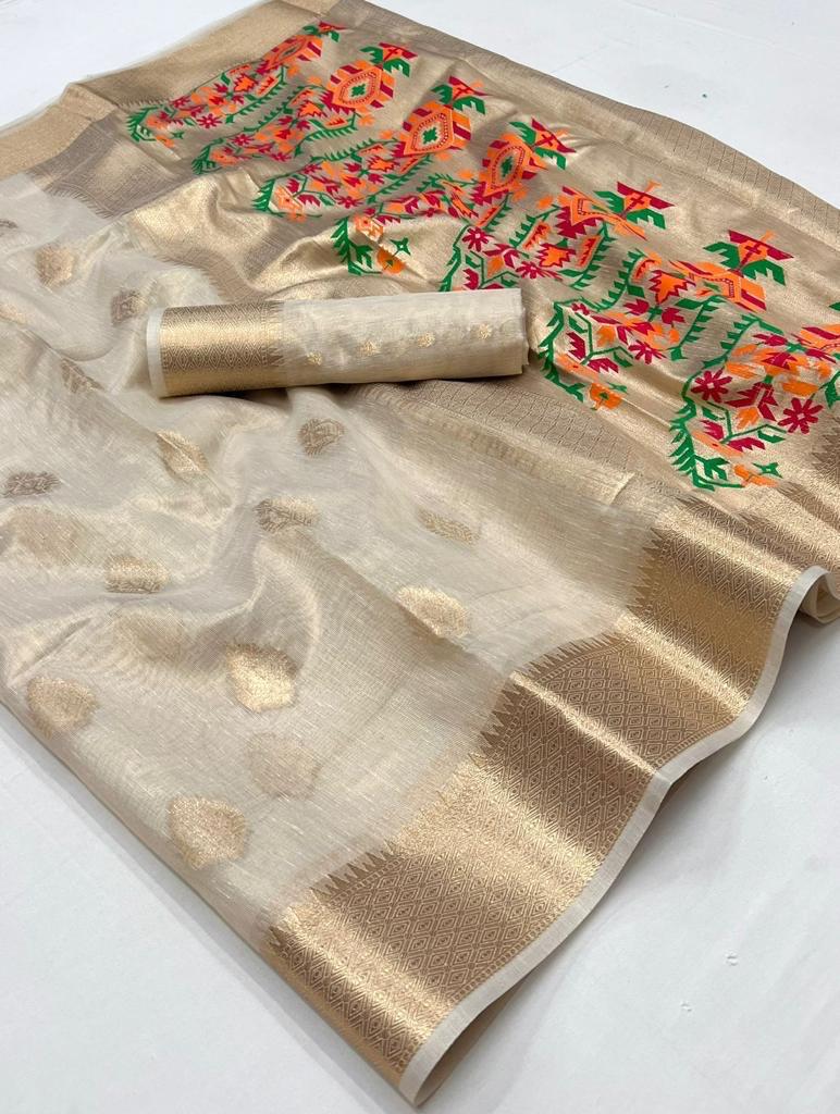 White Kora Tissue Paithani Zari Handwoven Saree