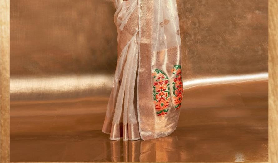 White Kora Tissue Paithani Zari Handwoven Saree