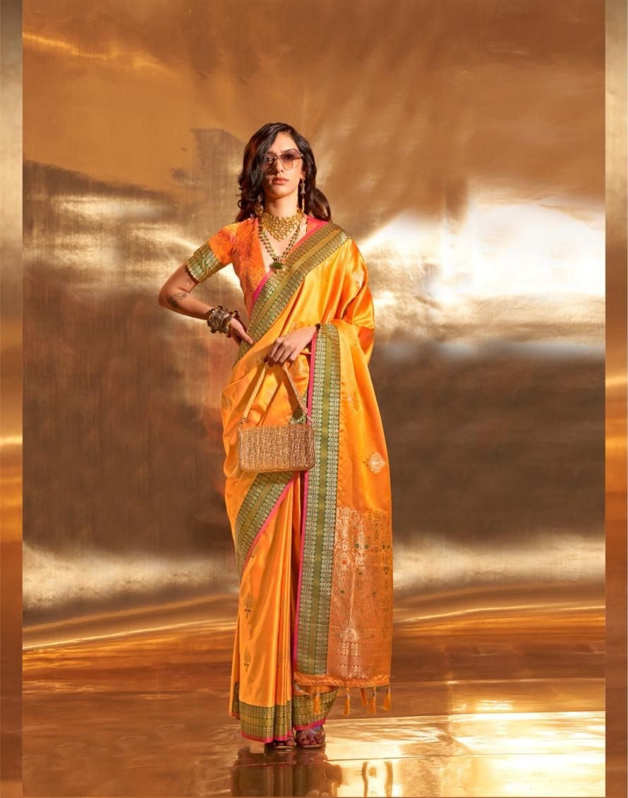 Mustard Yellow Pure Satin Chaap Handloom Weaving Silk