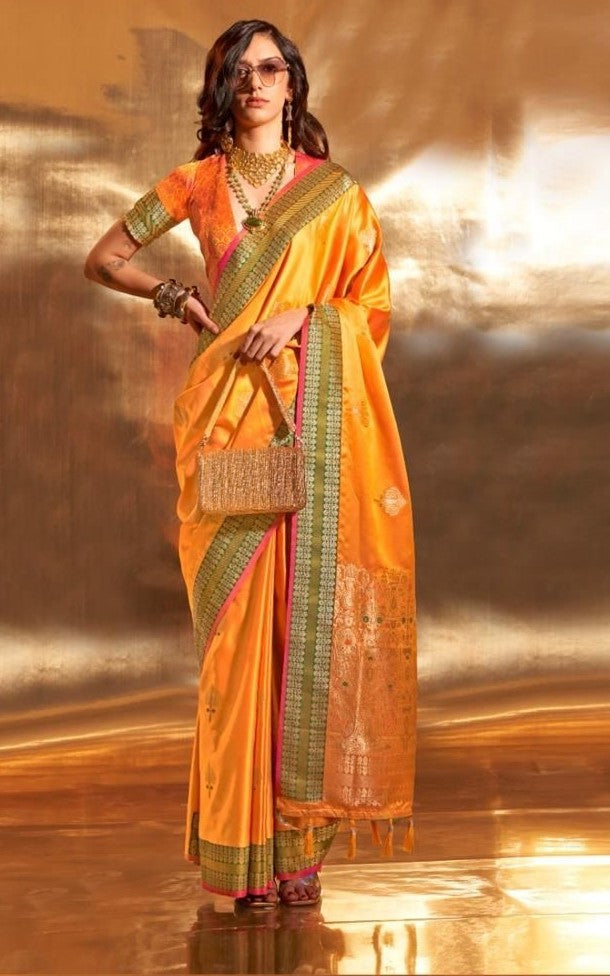 Mustard Yellow Pure Satin Chaap Handloom Weaving Silk