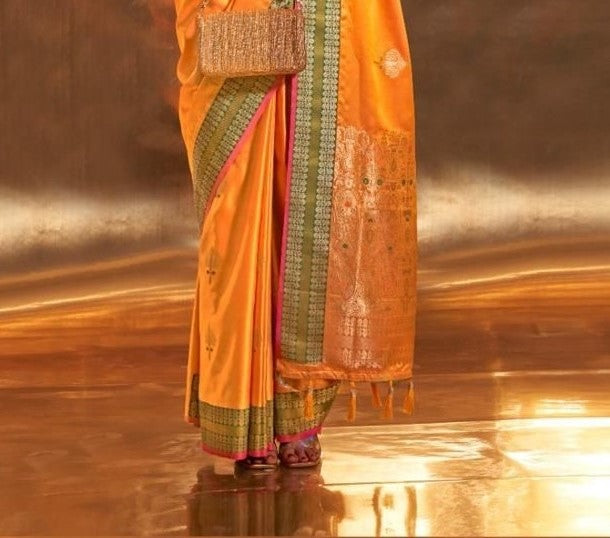 Mustard Yellow Pure Satin Chaap Handloom Weaving Silk