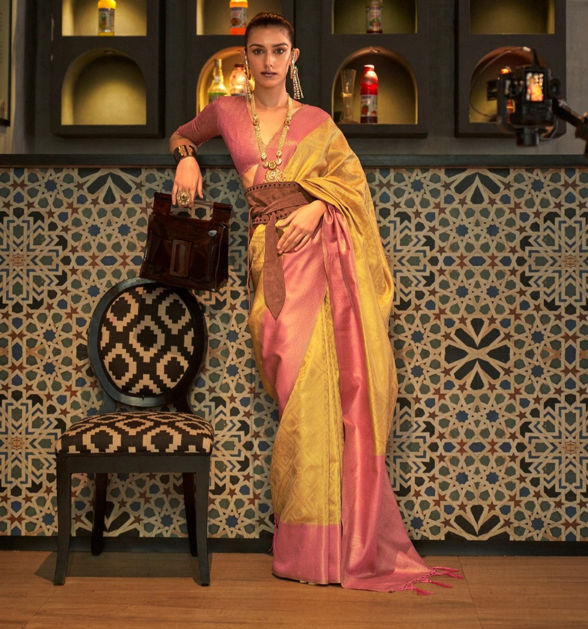 Yellow & Peach Zari Base Chaap Handloom Weaving Silk