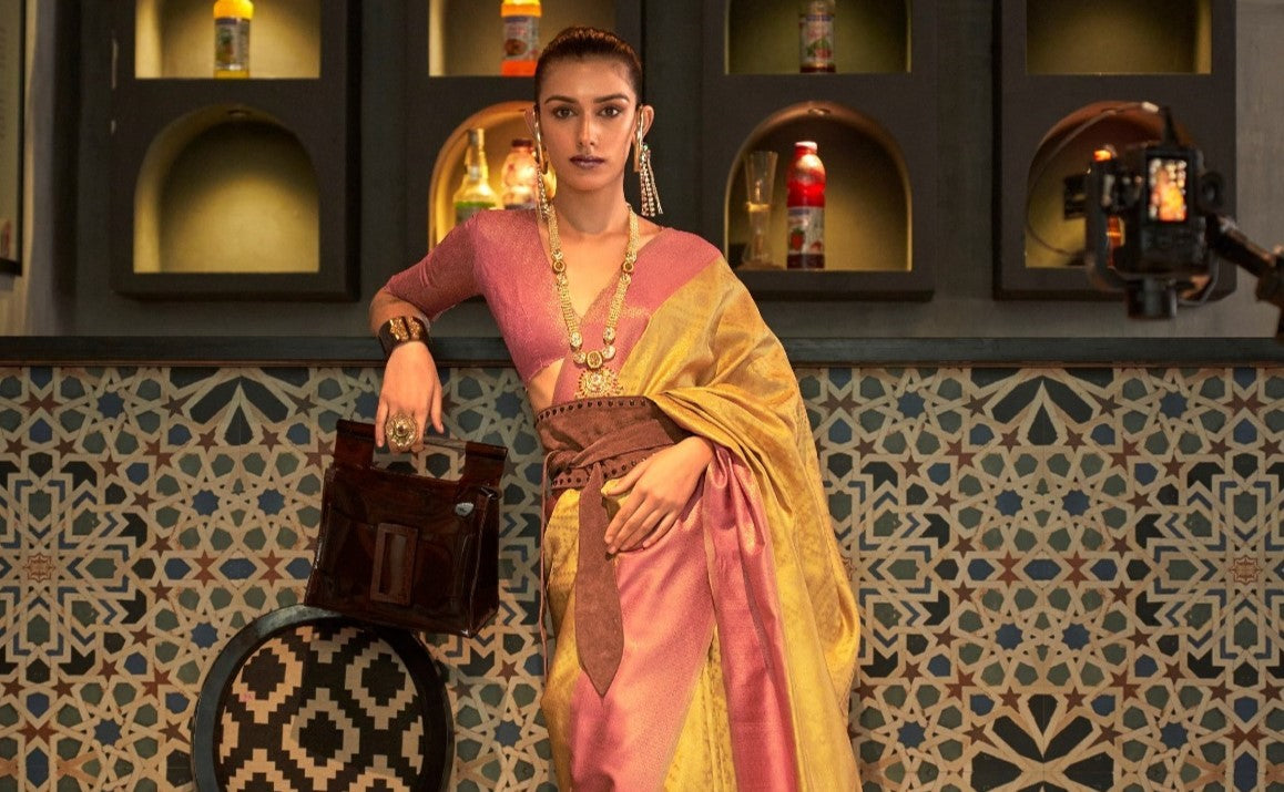 Yellow & Peach Zari Base Chaap Handloom Weaving Silk