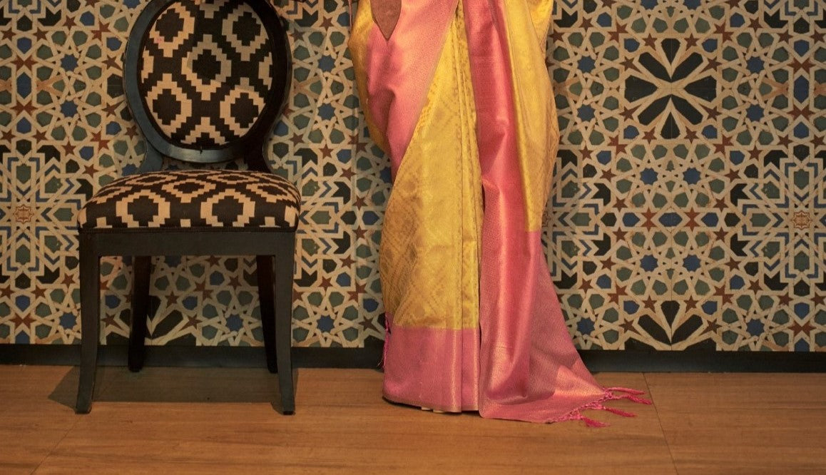 Yellow & Peach Zari Base Chaap Handloom Weaving Silk