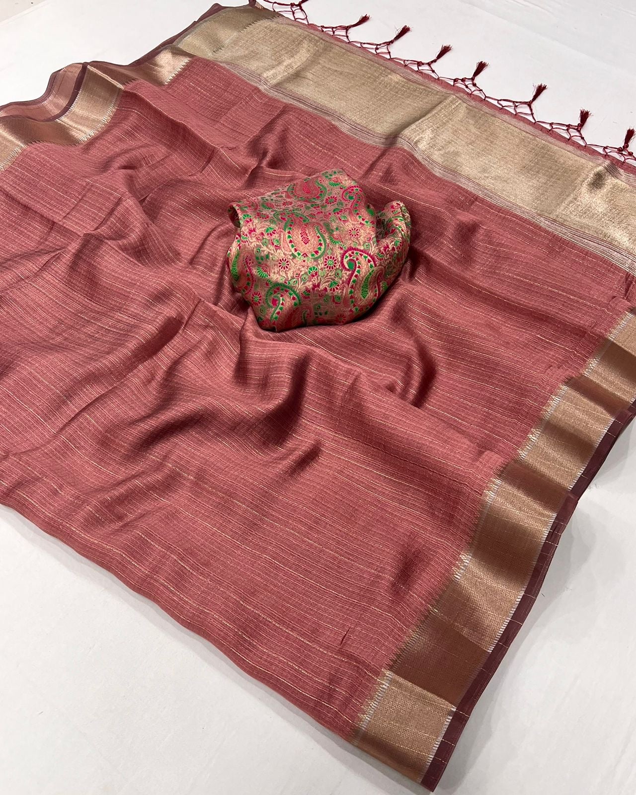 Rustic Peach Handwoven Moss Chiffon Saree with Heavy Jacquard Blouse