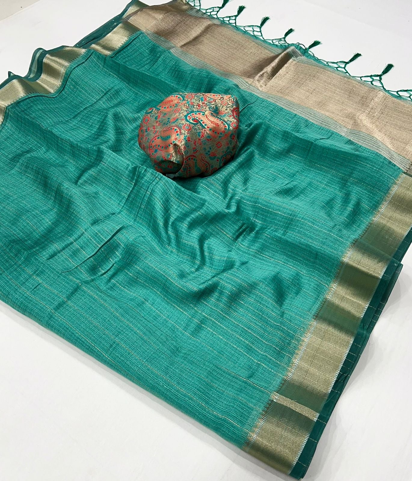 Persian Green Handwoven Moss Chiffon Saree with Heavy Jacquard Blouse