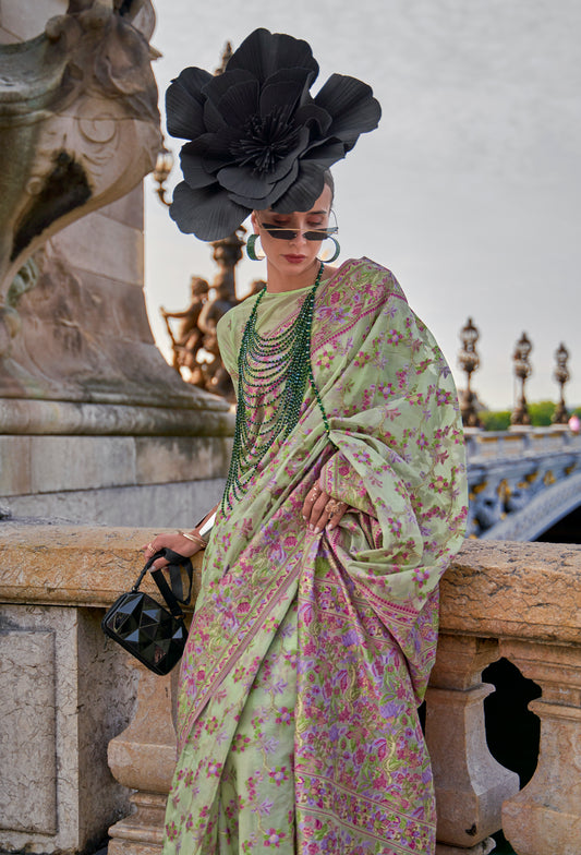 Pistachio Green Organza Parsi Handloom Weaving Saree