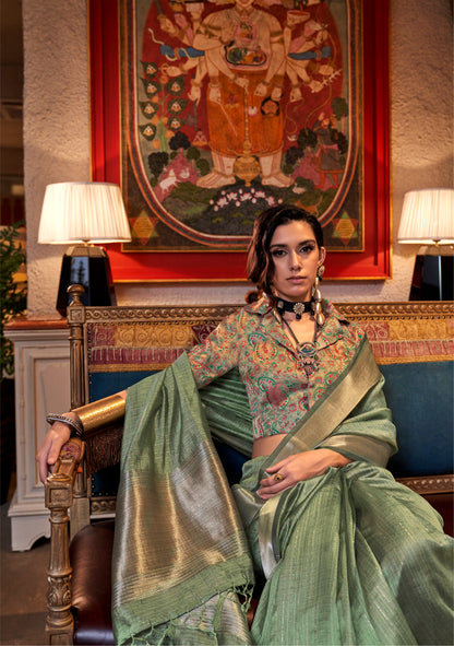 Olive Green Handwoven Moss Chiffon Saree with Heavy Jacquard Blouse