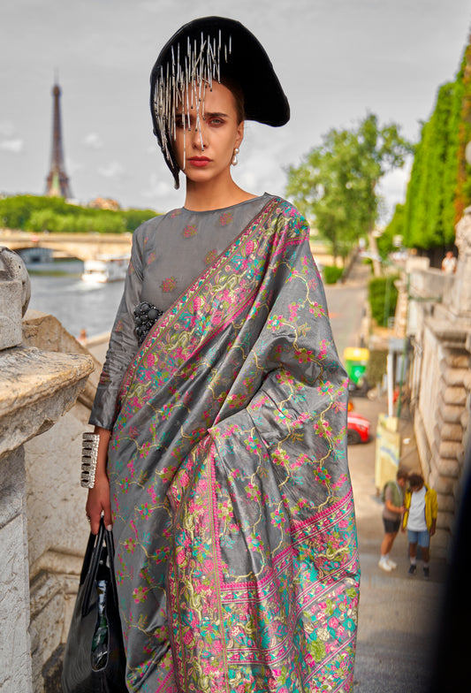 Grey Organza Parsi Handloom Weaving Saree