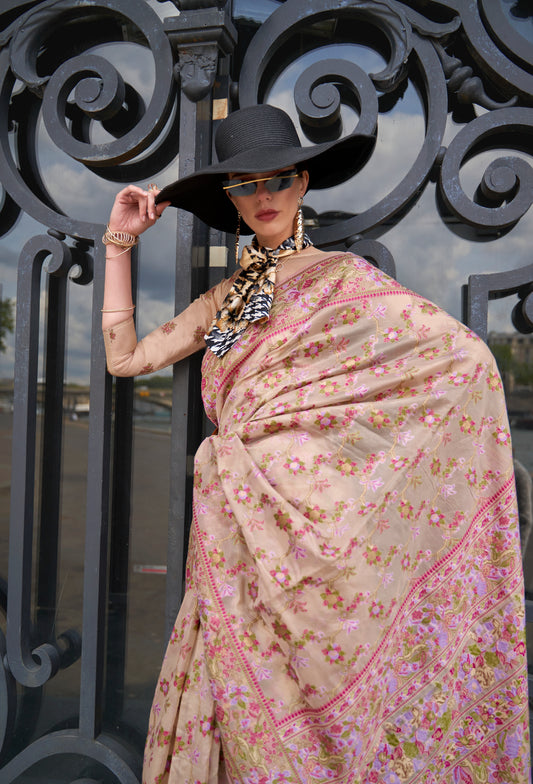 Beige Organza Parsi Handloom Weaving Saree