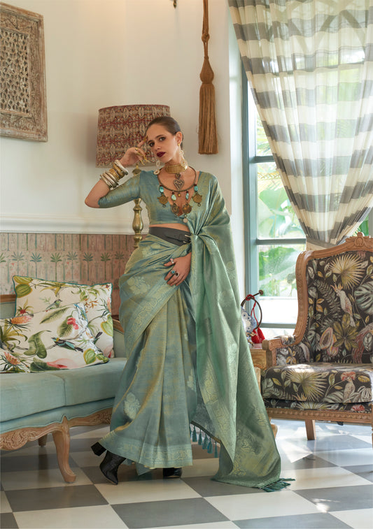 Teal Green Satin Tissue Nylon Handloom Weaving Silk Saree