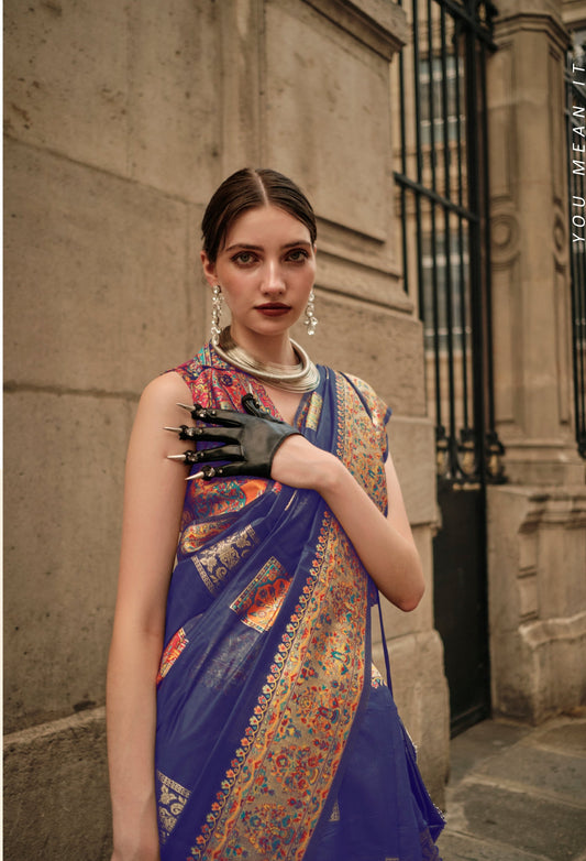 Blue Kashmiri Modal Handloom Silk Weaving Saree