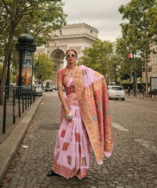 Baby Pink Kashmiri Modal Handloom Silk Weaving Saree
