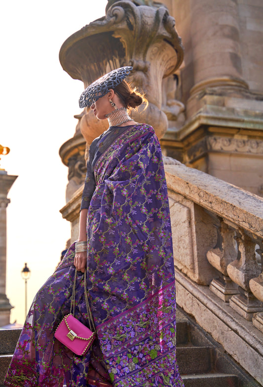 Blue Organza Parsi Handloom Weaving Saree