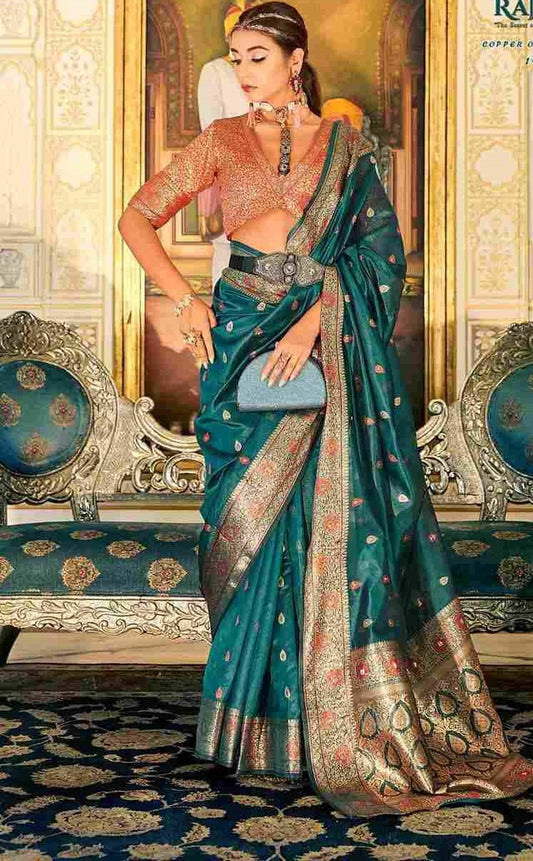 Teal Green Organza Silk Saree