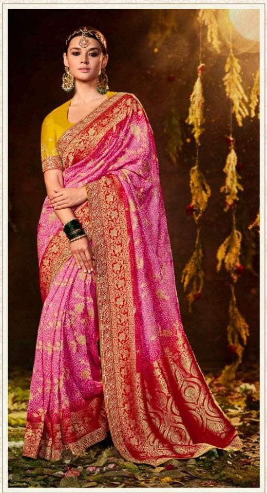 Pink Bandhej Silk Saree