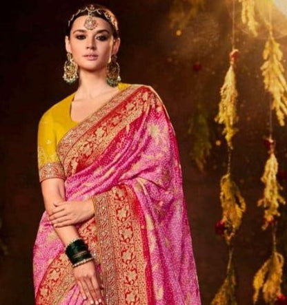 Pink Bandhej Silk Saree