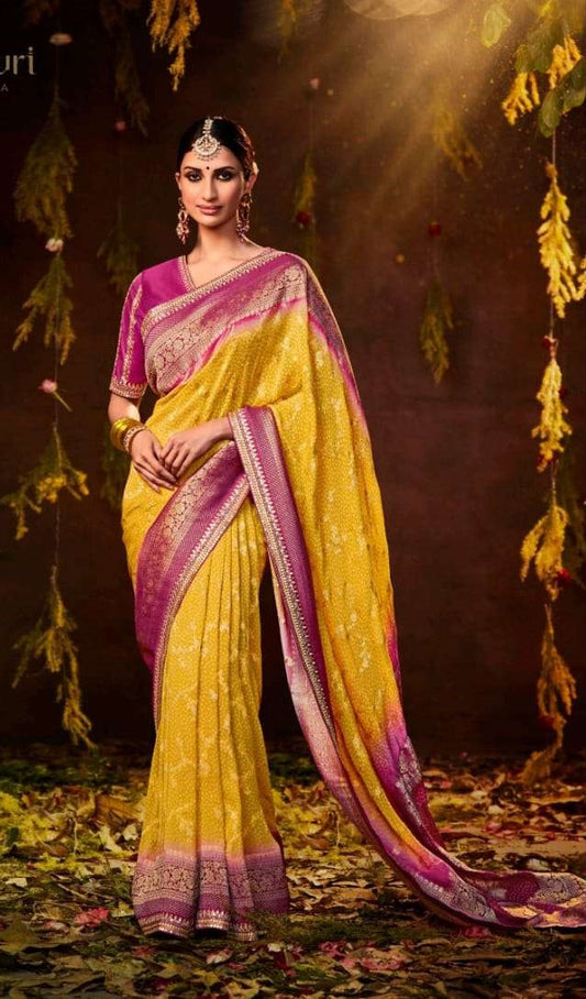 Yellow & Pink Bandhej Silk Saree