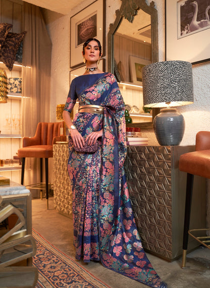 Blue Kashmiri Modal Handloom Weaving Silk Saree