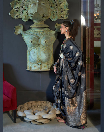 Black Nylon Pure Satin Handloom Weaving Saree