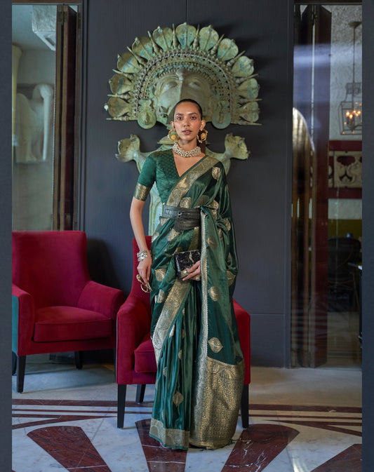 Green Nylon Pure Satin Handloom Weaving Saree