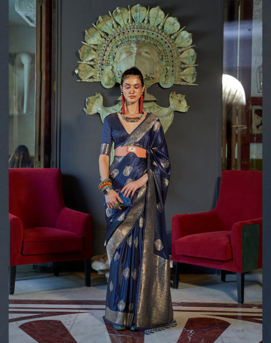Blue Nylon Pure Satin Handloom Weaving Saree