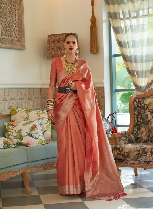 Peach Satin Tissue Nylon Handloom Weaving Silk Saree