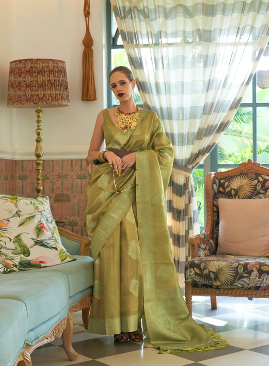 Mehndi Green Satin Tissue Nylon Handloom Weaving Silk Saree