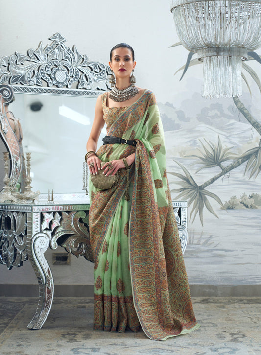 Pastel Green Modal Heavy Kashmiri Handloom Weaving Silk Saree
