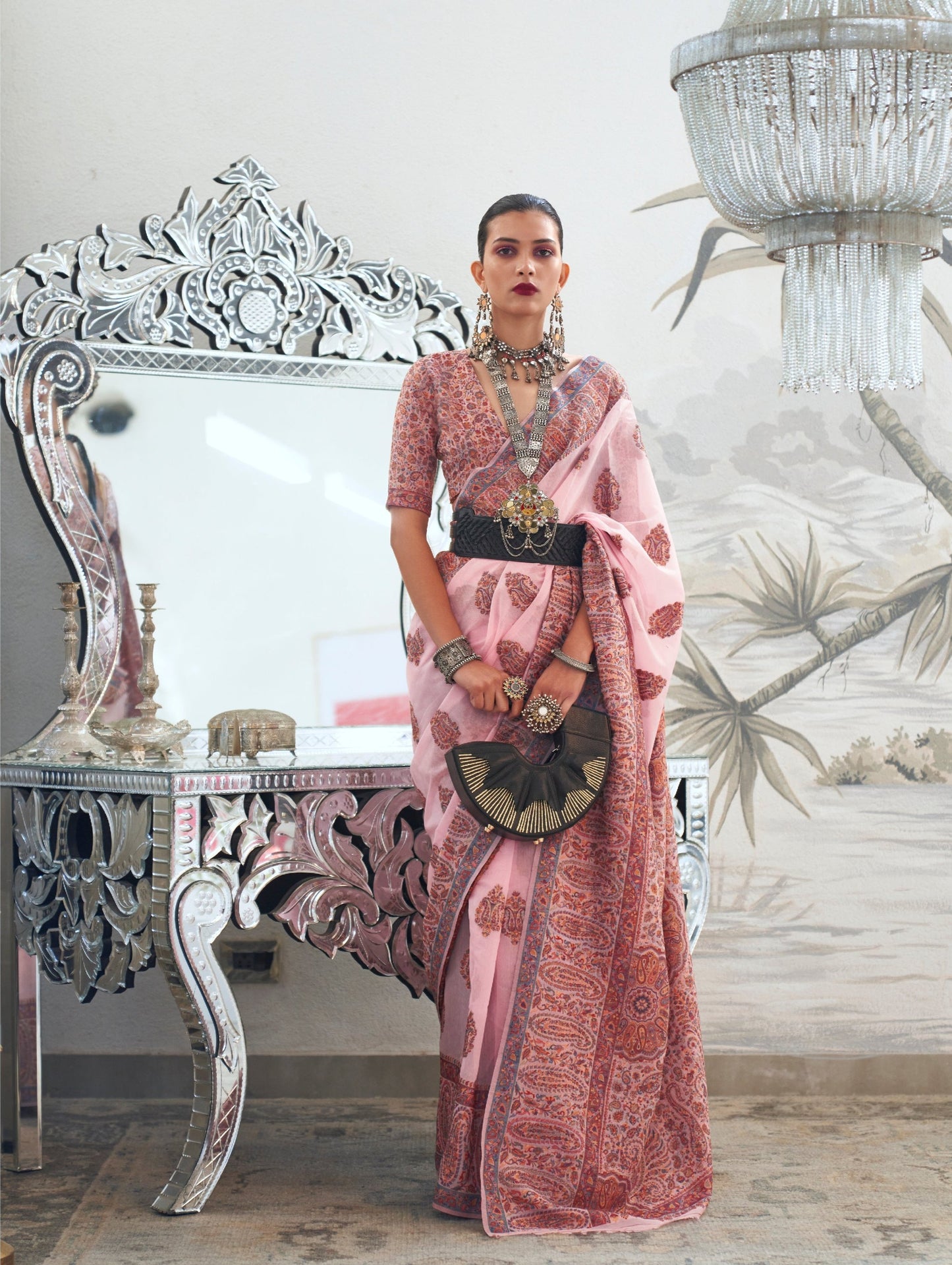 Pastel Pink Modal Heavy Kashmiri Handloom Weaving Silk Saree