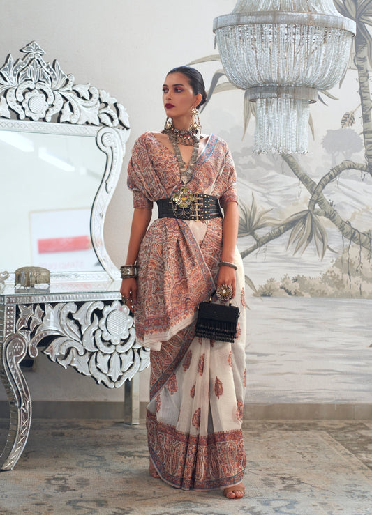 Off White Modal Heavy Kashmiri Handloom Weaving Silk Saree