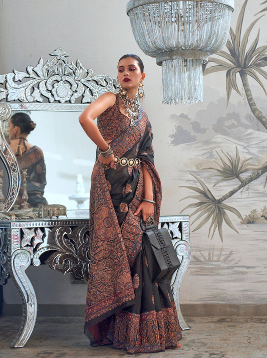 Black Modal Heavy Kashmiri Handloom Weaving Silk Saree