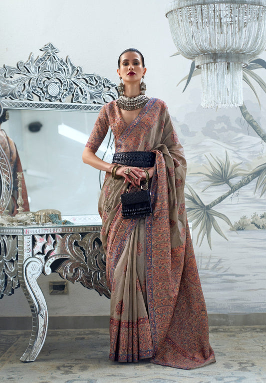 Grey Beige Modal Heavy Kashmiri Handloom Weaving Silk Saree