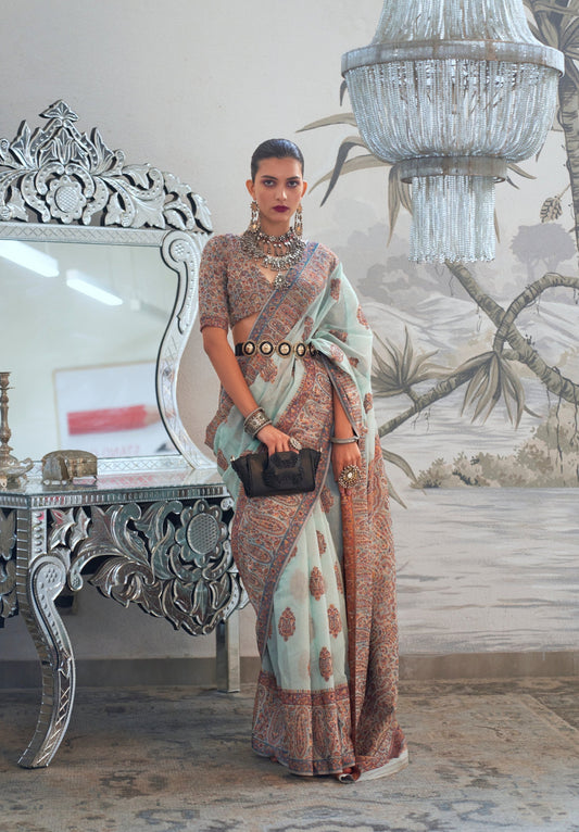 Pastel Sky Blue Modal Heavy Kashmiri Handloom Weaving Silk Saree