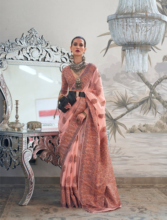 Pastel Peach Modal Heavy Kashmiri Handloom Weaving Silk Saree