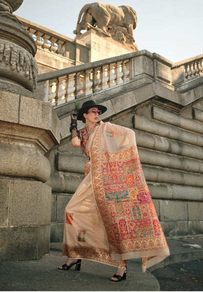 Beige Cream Kashmiri Modal Handloom Silk Weaving Saree