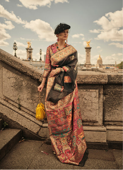 Black Kashmiri Modal Handloom Silk Weaving Saree