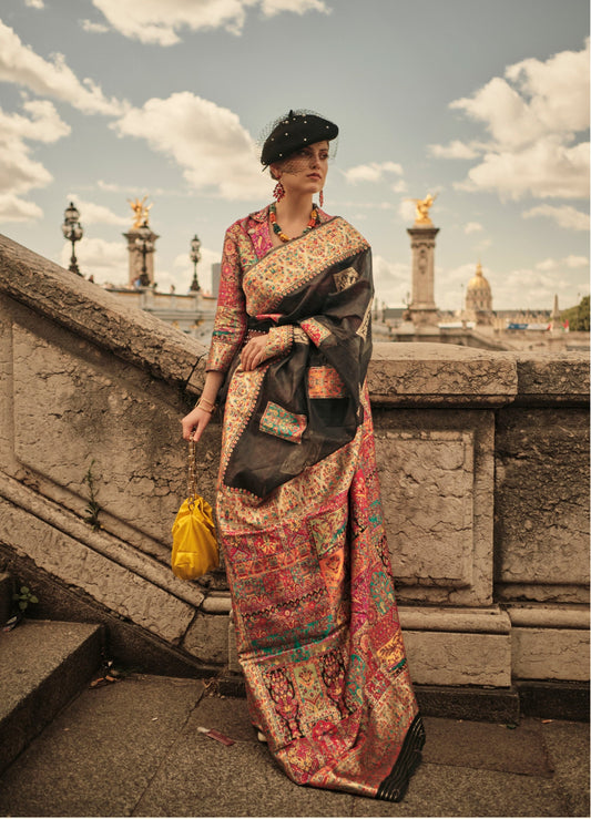Black Kashmiri Modal Handloom Silk Weaving Saree