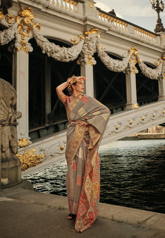 Grey Kashmiri Modal Handloom Silk Weaving Saree