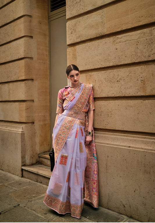 Lilac Kashmiri Modal Handloom Silk Weaving Saree