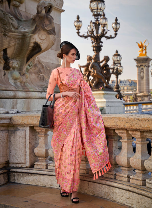 Peach Organza Parsi Handloom Weaving Saree