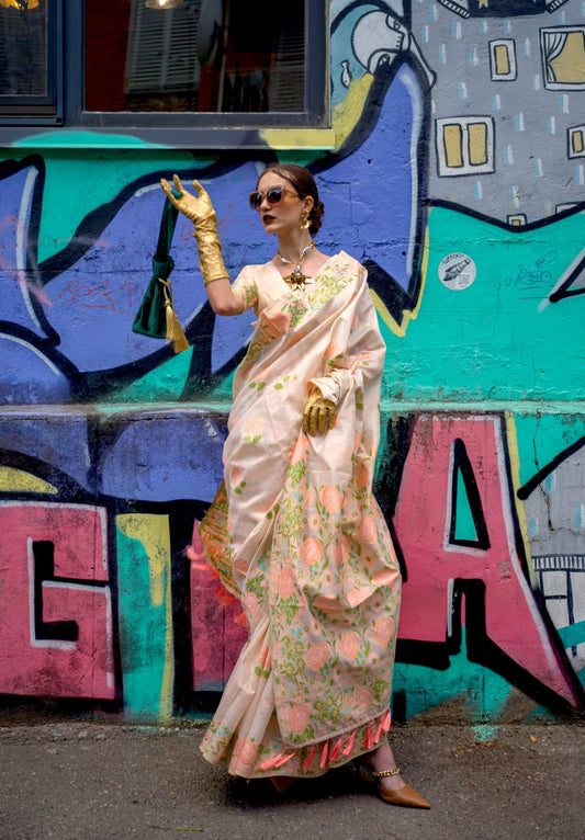 Beige Parsi Weaving - Handwoven Textured Silk Saree