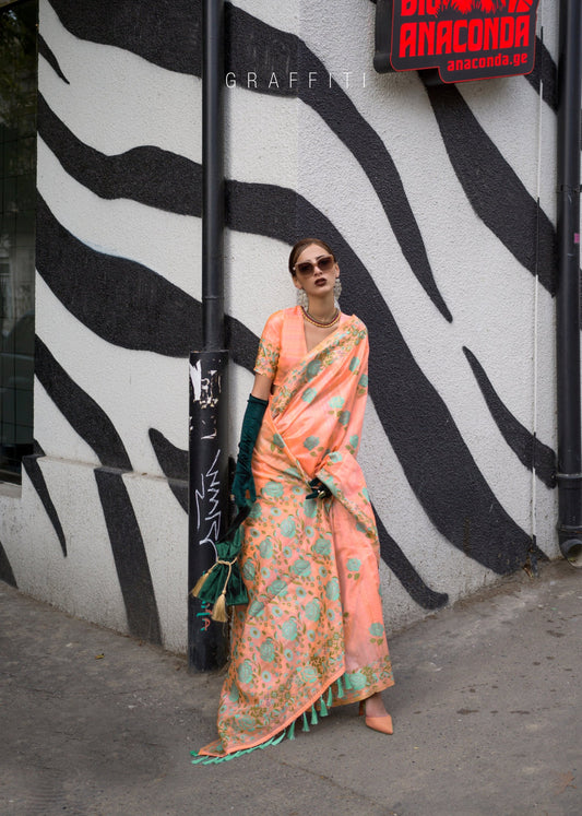 Peach Parsi Weaving - Handwoven Textured Silk Saree