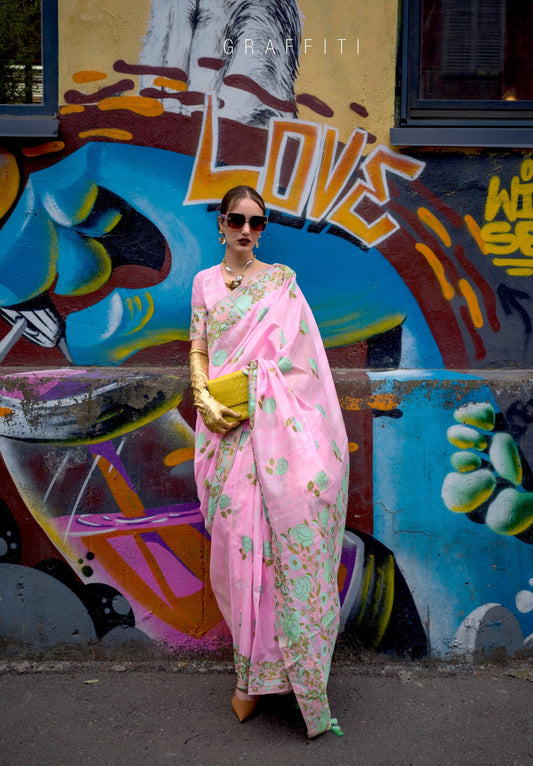 Pink Peach Parsi Weaving - Handwoven Textured Silk Saree