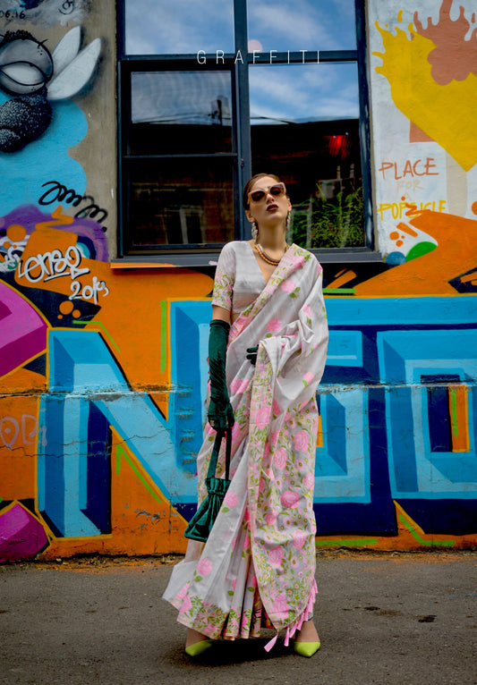 Grey Parsi Weaving - Handwoven Textured Silk Saree
