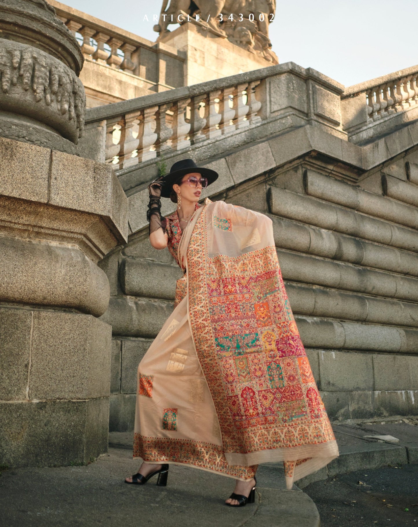 Beige Cream Kashmiri Modal Handloom Silk Weaving Saree
